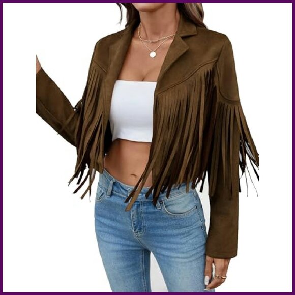 Faux Suede Cropped Jacket with Fringe Tassels, Lined, Western Style - Picture 2 of 8